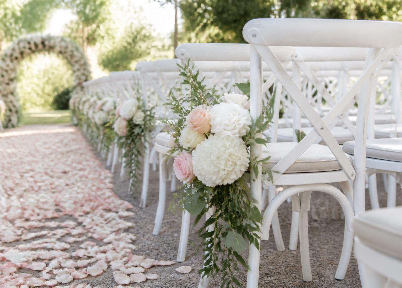 Ceremony aisle lined with white chairs, blush florals and rose petals